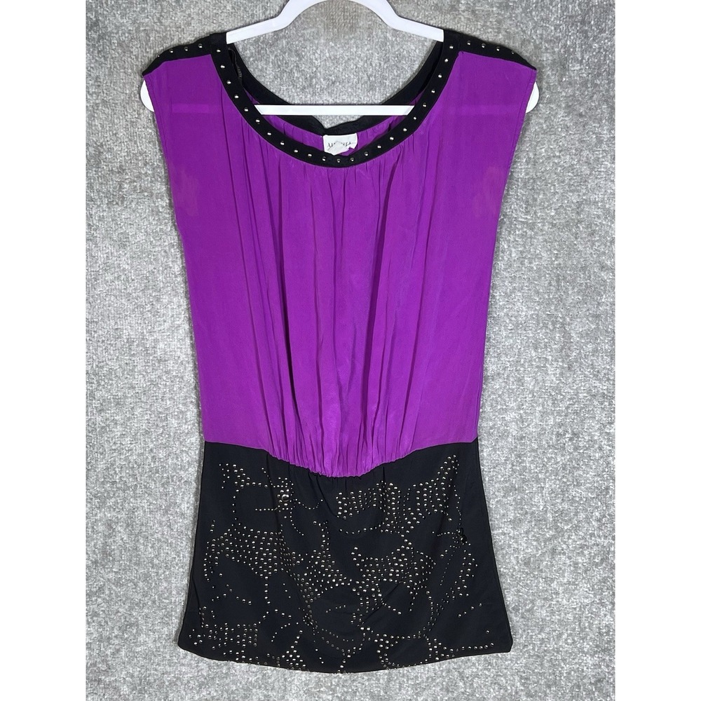 Alythea Silk Studded Mini Dress Womens Sz M Fuchsia Purple Black Sleeveless Y2K